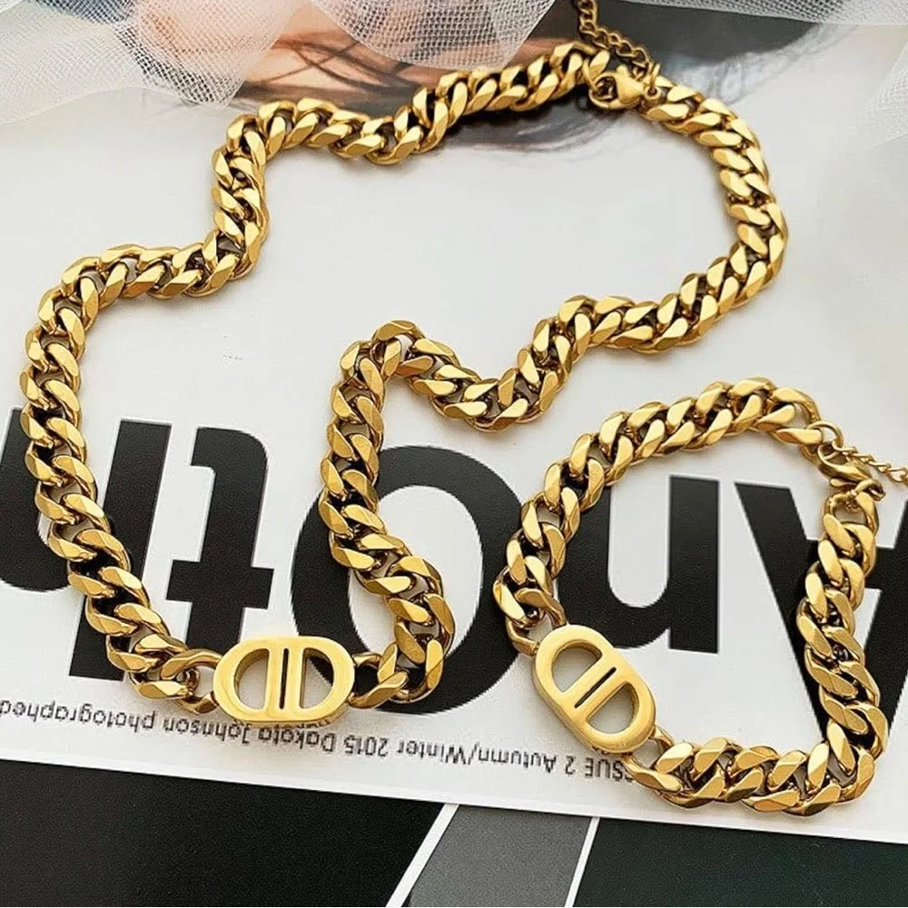 Gold Chain Necklace and Bracelet Set